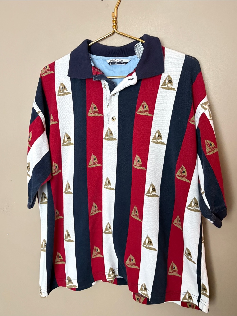 Vintage 90s Trader Bay grandpa vacation cotton polo shirt sailboats  preppy L